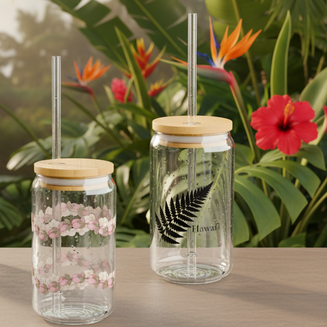 16oz Glass Bamboo Cup Reusable with Lid & Straw