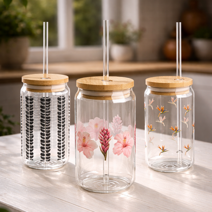 16oz Glass Bamboo Cup Reusable with Lid & Straw