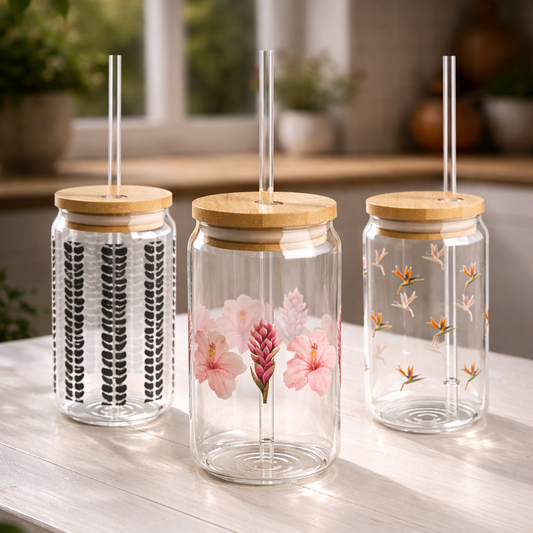 16oz Glass Bamboo Cup Reusable with Lid & Straw