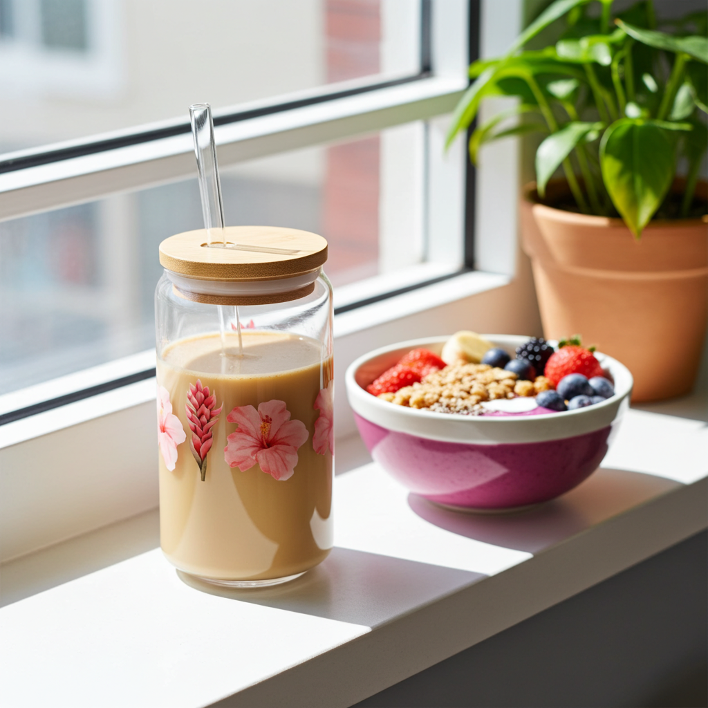 16oz Glass Bamboo Cup Reusable with Lid & Straw